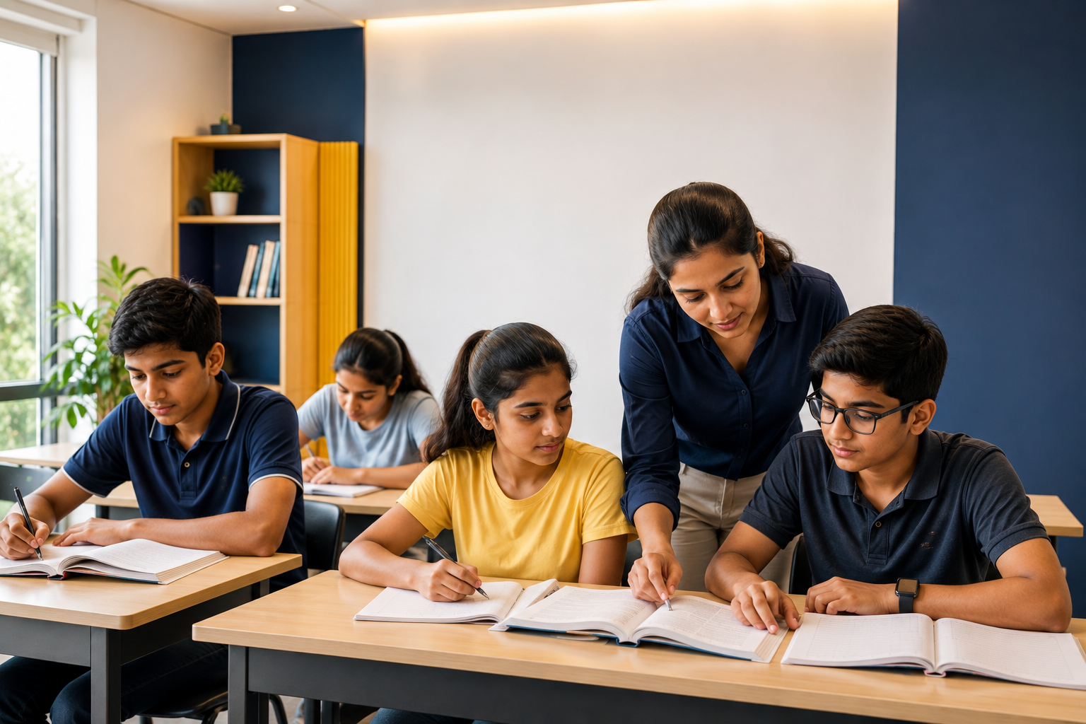 Teacher guiding students